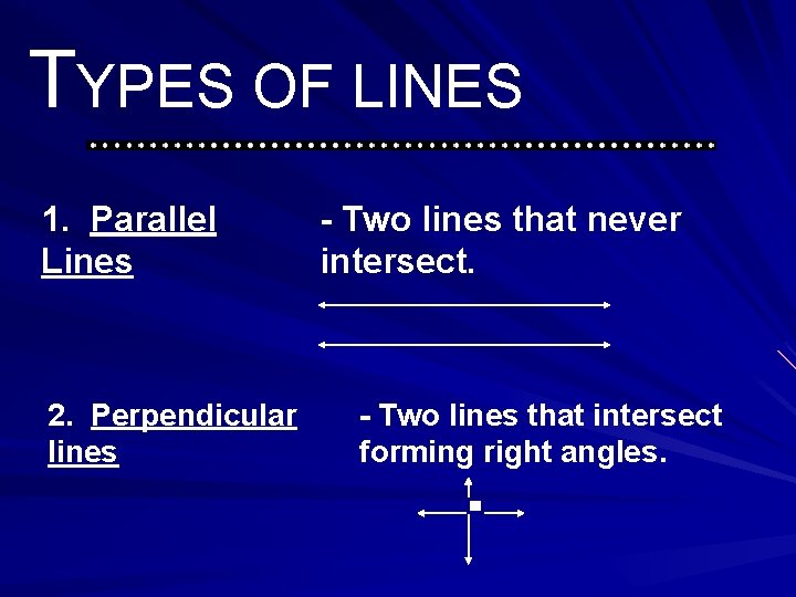 TYPES OF LINES 1. Parallel Lines 2. Perpendicular lines - Two lines that never