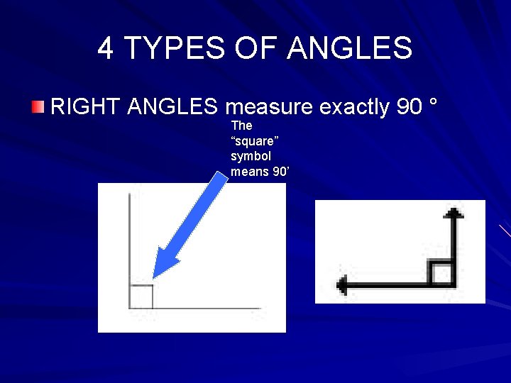 4 TYPES OF ANGLES RIGHT ANGLES measure exactly 90 ° The “square” symbol means