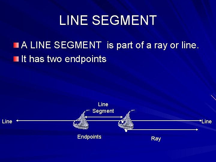 LINE SEGMENT A LINE SEGMENT is part of a ray or line. It has