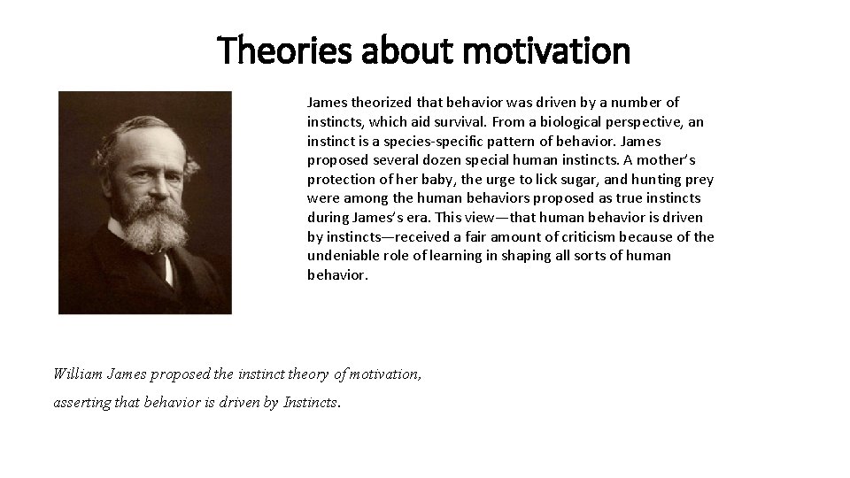 Theories about motivation James theorized that behavior was driven by a number of instincts,