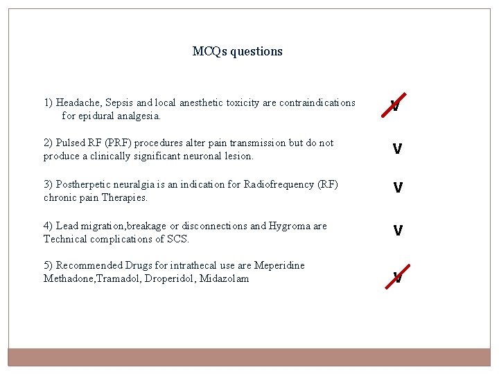 MCQs questions 1) Headache, Sepsis and local anesthetic toxicity are contraindications for epidural analgesia.
