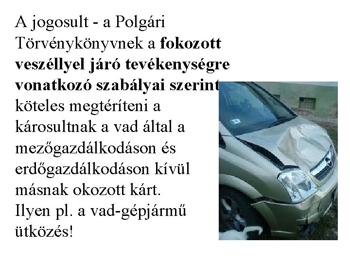 A jogosult - a Polgári Törvénykönyvnek a fokozott veszéllyel járó tevékenységre vonatkozó szabályai szerint