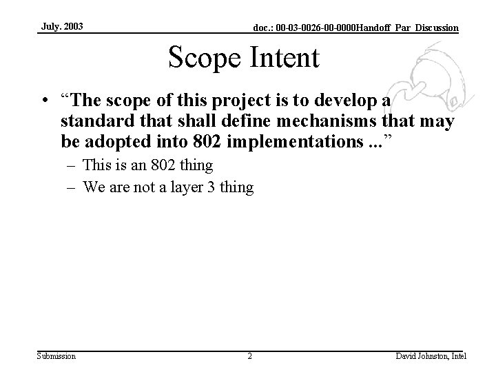 July. 2003 doc. : 00 -03 -0026 -00 -0000 Handoff_Par_Discussion Scope Intent • “The