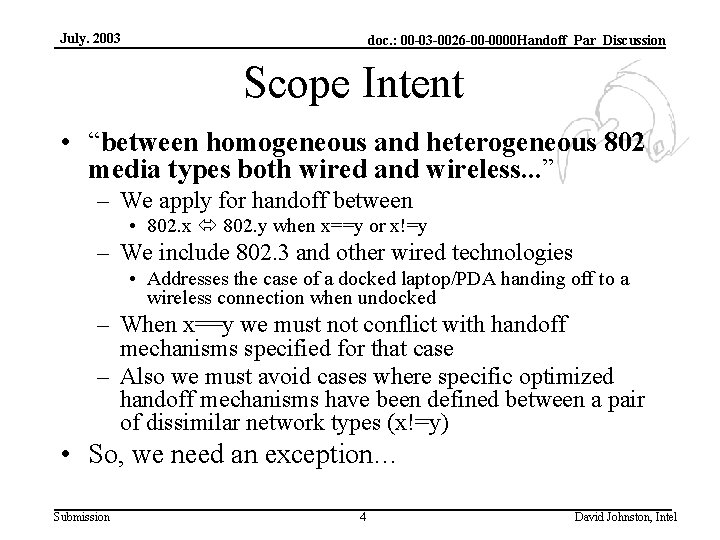 July. 2003 doc. : 00 -03 -0026 -00 -0000 Handoff_Par_Discussion Scope Intent • “between
