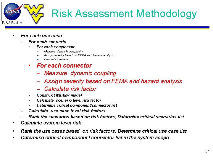 Risk Assessment Methodology IV&V Facility • For each use case – For each scenario