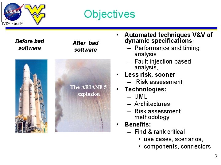 Objectives IV&V Facility Before bad software After bad software The ARIANE 5 explosion •