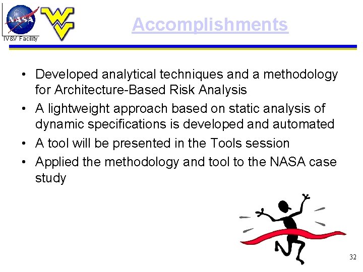 Accomplishments IV&V Facility • Developed analytical techniques and a methodology for Architecture-Based Risk Analysis