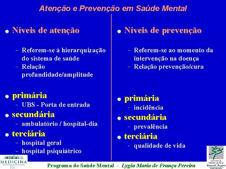 Atenção e Prevenção em Saúde Mental ● Níveis de atenção – – ● ●