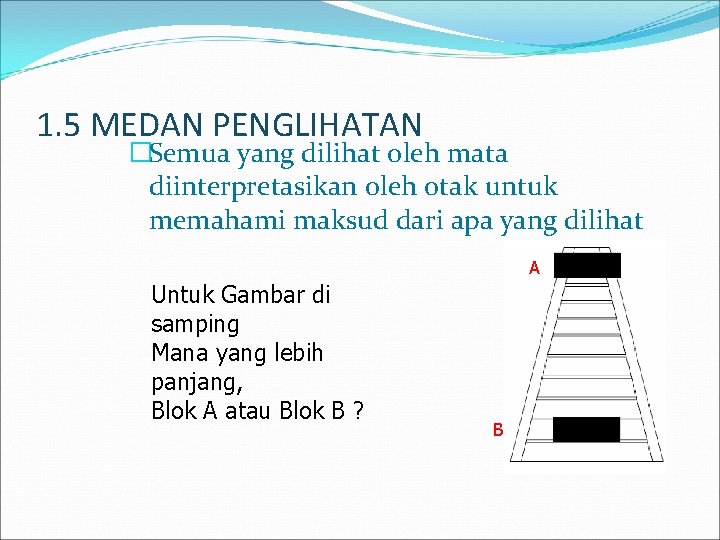 1. 5 MEDAN PENGLIHATAN �Semua yang dilihat oleh mata diinterpretasikan oleh otak untuk memahami