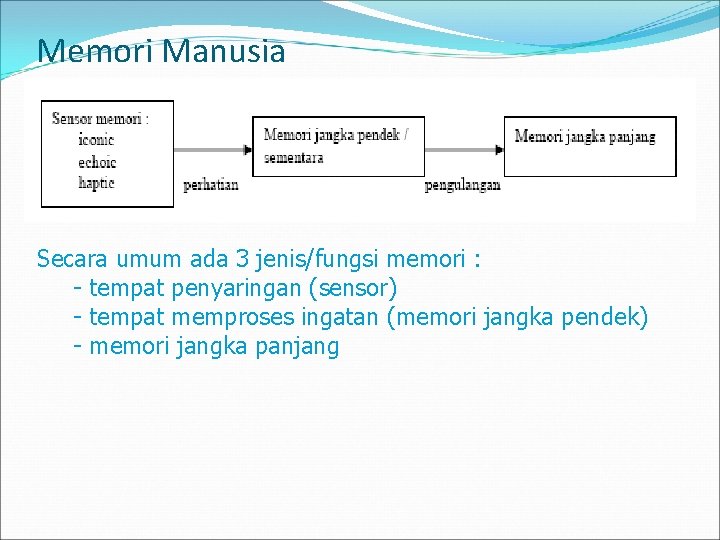 Memori Manusia Secara umum ada 3 jenis/fungsi memori : - tempat penyaringan (sensor) -