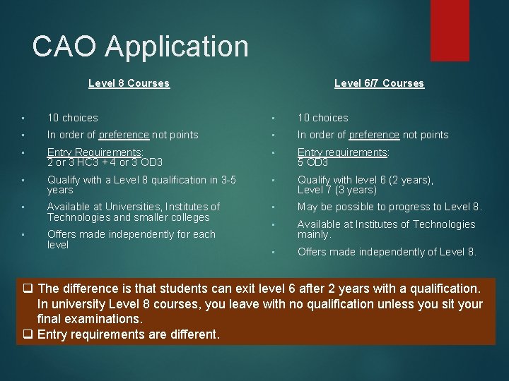 CAO Application Level 8 Courses Level 6/7 Courses • 10 choices • In order