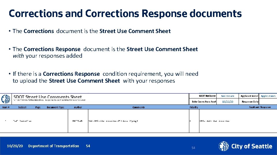 Corrections and Corrections Response documents • The Corrections document is the Street Use Comment