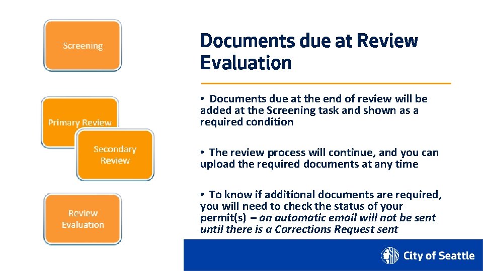 Documents due at Review Evaluation • Documents due at the end of review will