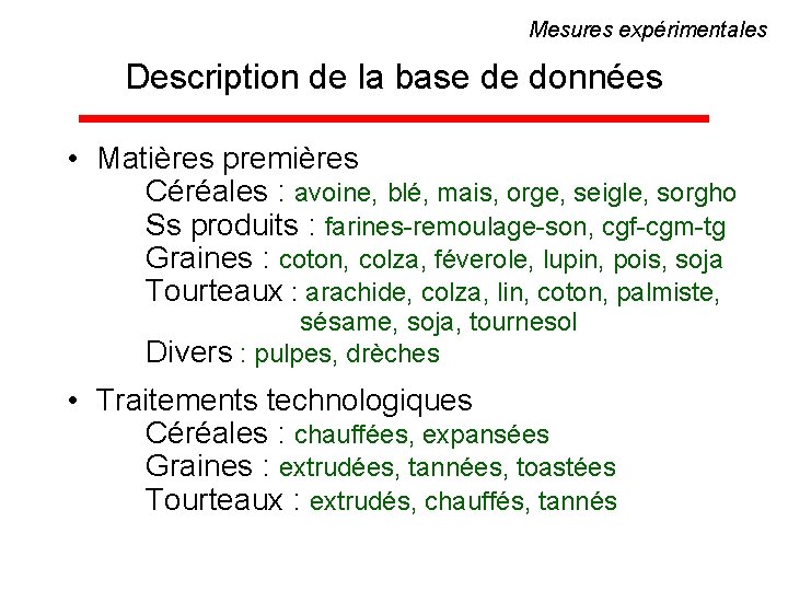 Mesures expérimentales Description de la base de données • Matières premières Céréales : avoine,