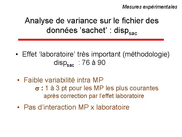 Mesures expérimentales Analyse de variance sur le fichier des données ’sachet’ : dispsac •