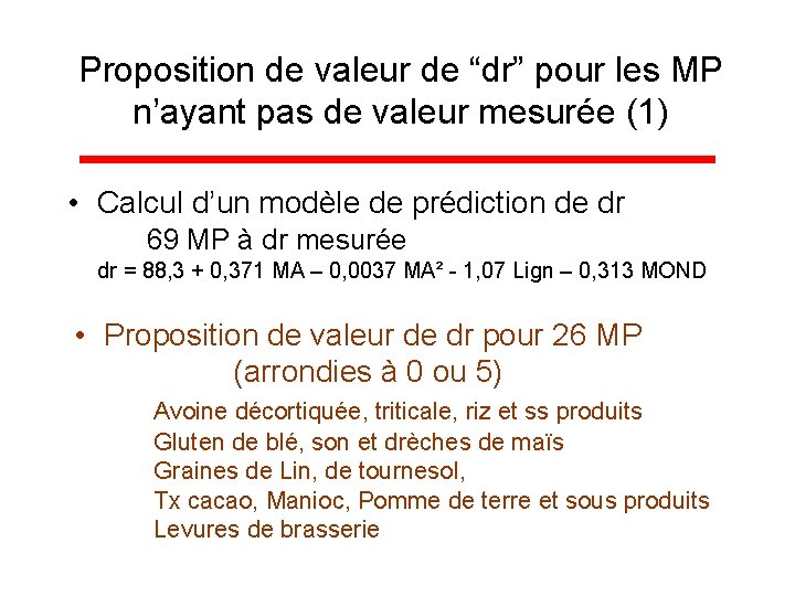 Proposition de valeur de “dr” pour les MP n’ayant pas de valeur mesurée (1)