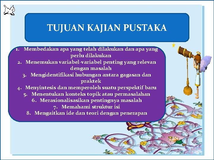 TUJUAN KAJIAN PUSTAKA 1. Membedakan apa yang telah dilakukan dan apa yang perlu dilakukan