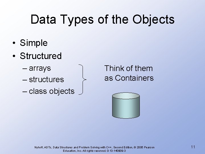 Data Types of the Objects • Simple • Structured – arrays – structures –