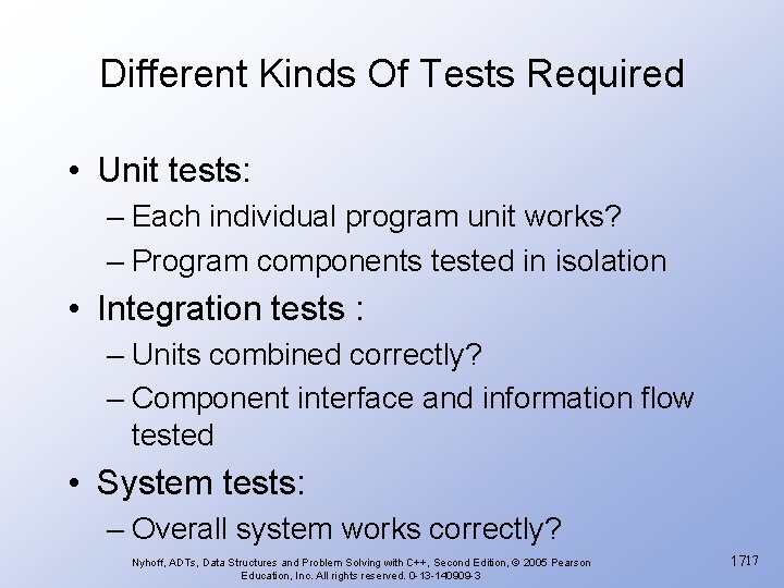 Different Kinds Of Tests Required • Unit tests: – Each individual program unit works?
