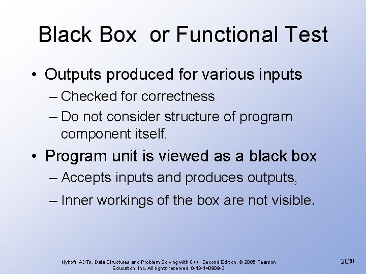 Black Box or Functional Test • Outputs produced for various inputs – Checked for