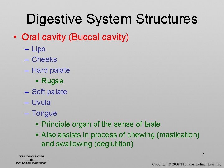 Digestive System Structures • Oral cavity (Buccal cavity) – Lips – Cheeks – Hard