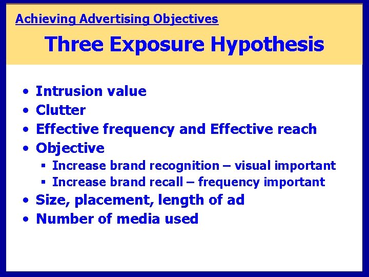 Achieving Advertising Objectives Three Exposure Hypothesis • • Intrusion value Clutter Effective frequency and