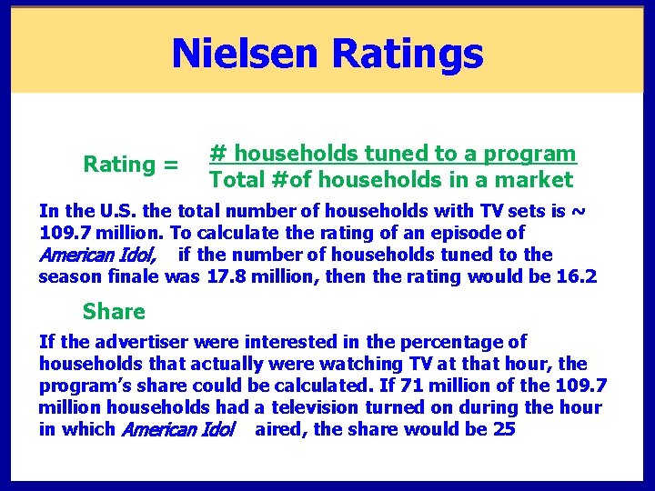 Nielsen Ratings Rating = # households tuned to a program Total #of households in