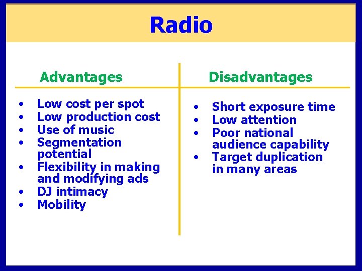Radio Advantages • • Low cost per spot Low production cost Use of music