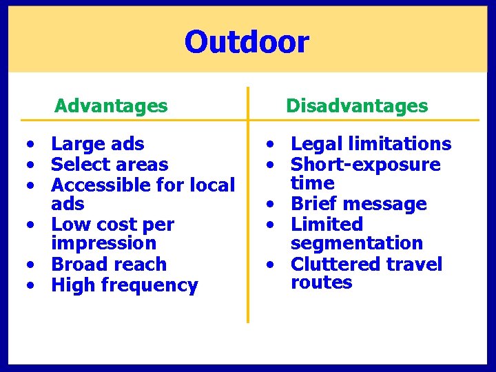 Outdoor Advantages • Large ads • Select areas • Accessible for local ads •