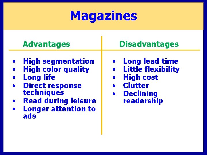 Magazines Advantages • • High segmentation High color quality Long life Direct response techniques