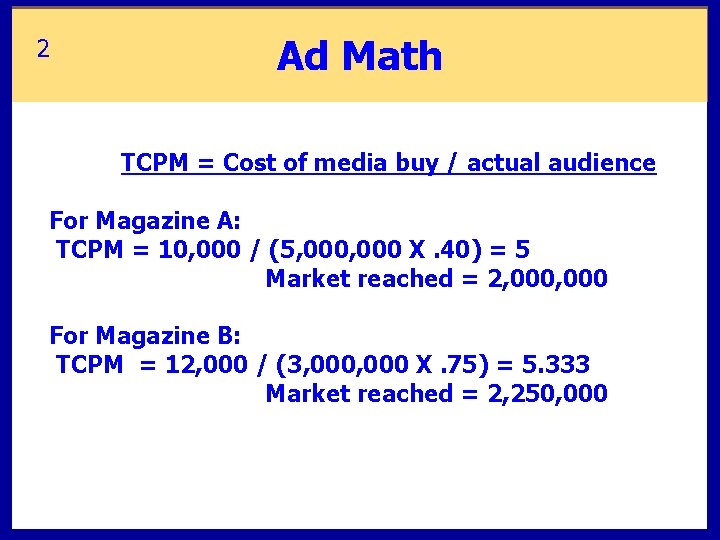 2 Ad Math TCPM = Cost of media buy / actual audience For Magazine
