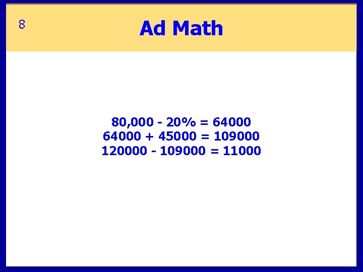 8 Ad Math 80, 000 - 20% = 64000 + 45000 = 109000 120000