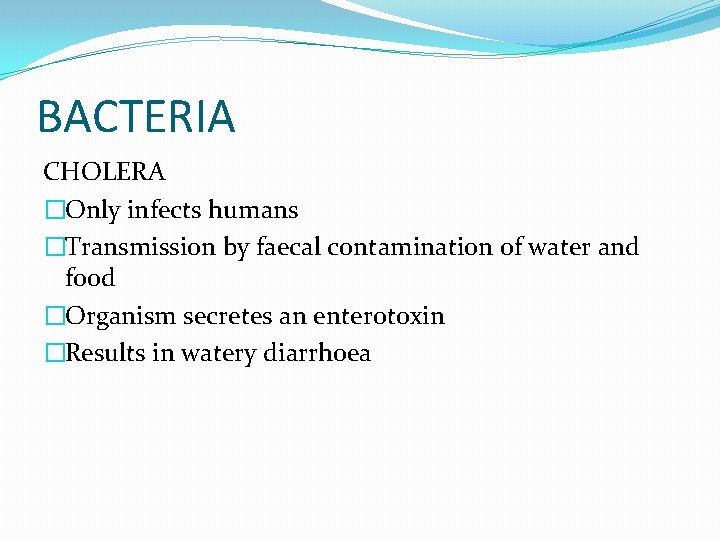 BACTERIA CHOLERA �Only infects humans �Transmission by faecal contamination of water and food �Organism
