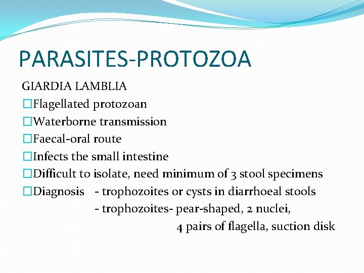 PARASITES-PROTOZOA GIARDIA LAMBLIA �Flagellated protozoan �Waterborne transmission �Faecal-oral route �Infects the small intestine �Difficult