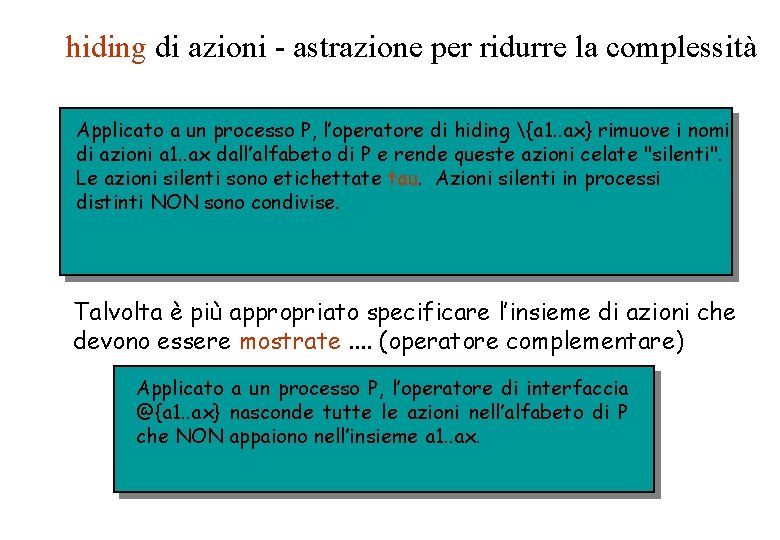 hiding di azioni - astrazione per ridurre la complessità Applicato a un processo P,