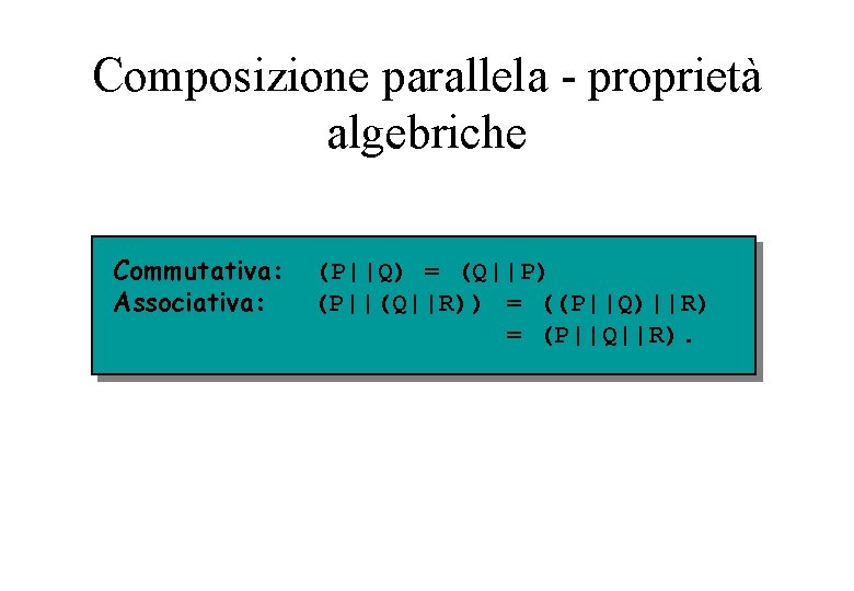 Composizione parallela - proprietà algebriche Commutativa: Associativa: (P||Q) = (Q||P) (P||(Q||R)) = ((P||Q)||R) =