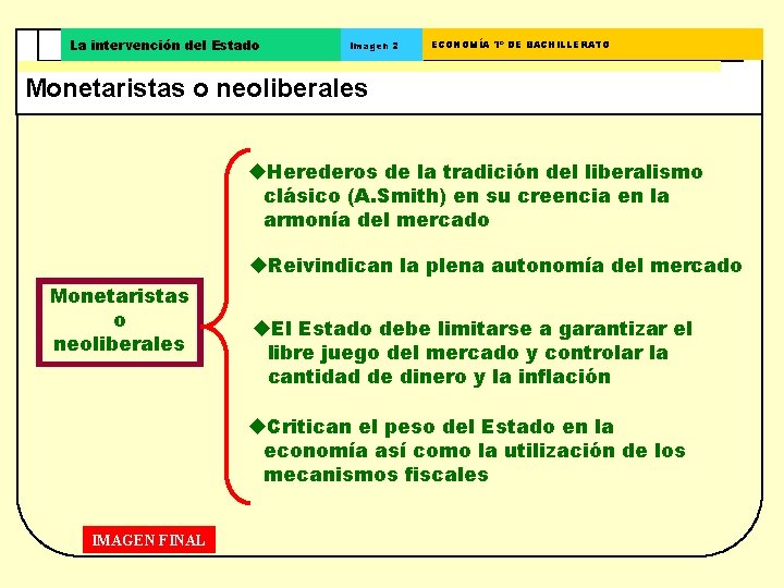 La intervención del Estado Imagen 2 ECONOMÍA 1º DE BACHILLERATO Monetaristas o neoliberales u.