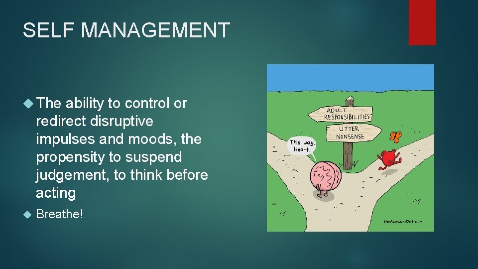 SELF MANAGEMENT The ability to control or redirect disruptive impulses and moods, the propensity