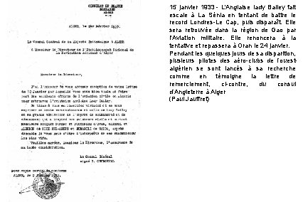 15 janvier 1933 - L'Anglaise lady Bailey fait escale à La Sénia en tentant