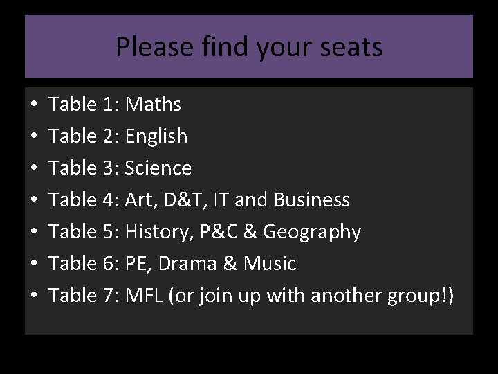 Please find your seats • • Table 1: Maths Table 2: English Table 3: