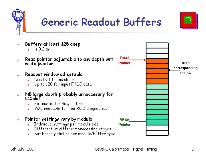 Generic Readout Buffers o Buffers at least 128 deep o o o Read pointer