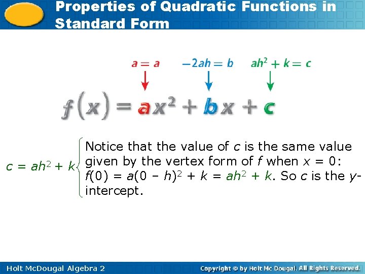 Properties of Quadratic Functions in Standard Form Notice that the value of c is