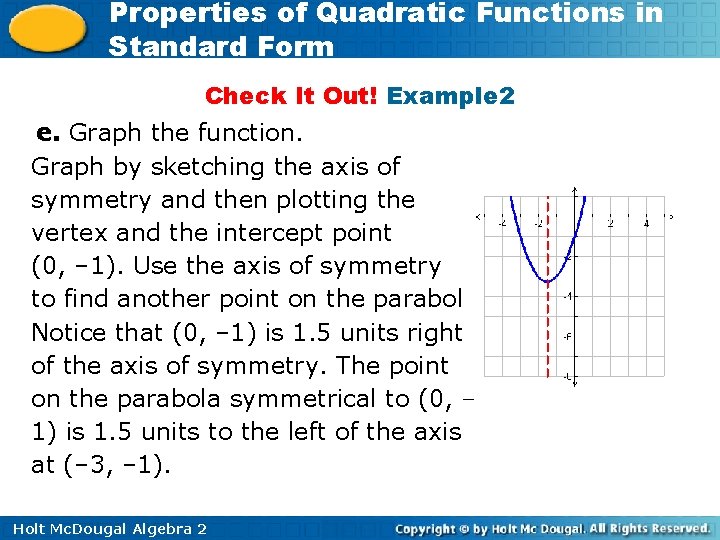Properties of Quadratic Functions in Standard Form Check It Out! Example 2 e. Graph