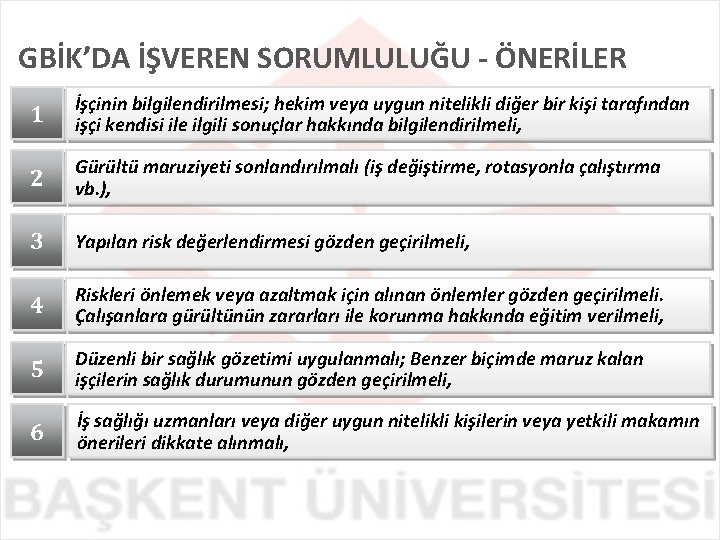 GBİK’DA İŞVEREN SORUMLULUĞU - ÖNERİLER 1 İşçinin bilgilendirilmesi; hekim veya uygun nitelikli diğer bir