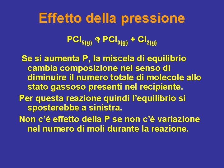 Effetto della pressione PCl 5(g) PCl 3(g) + Cl 2(g) Se si aumenta P,