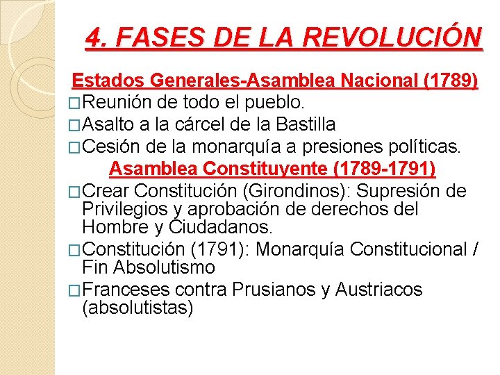 4. FASES DE LA REVOLUCIÓN Estados Generales-Asamblea Nacional (1789) �Reunión de todo el pueblo.