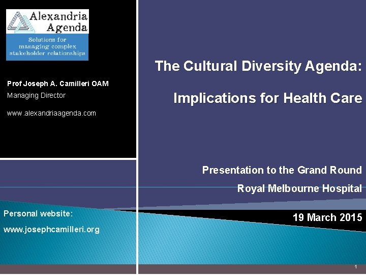 The Cultural Diversity Agenda: Prof Joseph A. Camilleri OAM Managing Director Implications for Health