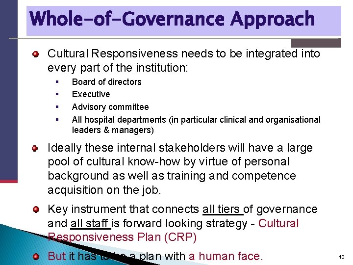 Whole-of-Governance Approach Cultural Responsiveness needs to be integrated into every part of the institution: