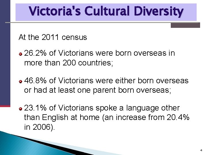 Victoria's Cultural Diversity At the 2011 census 26. 2% of Victorians were born overseas