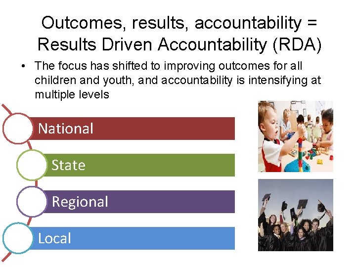 Outcomes, results, accountability = Results Driven Accountability (RDA) • The focus has shifted to